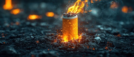 Burning Cigarette: A fiery end, a cautionary tale.  The dangers of smoking are visually represented in this intense image.