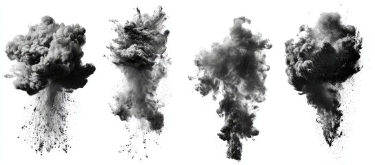 Fototapeta premium Four dark plumes of smoke or ink splatter against a white background