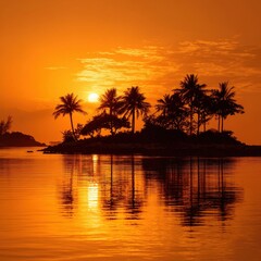 Tropical island sunset; palm trees silhouette, ocean reflection, calm waters; travel postcard