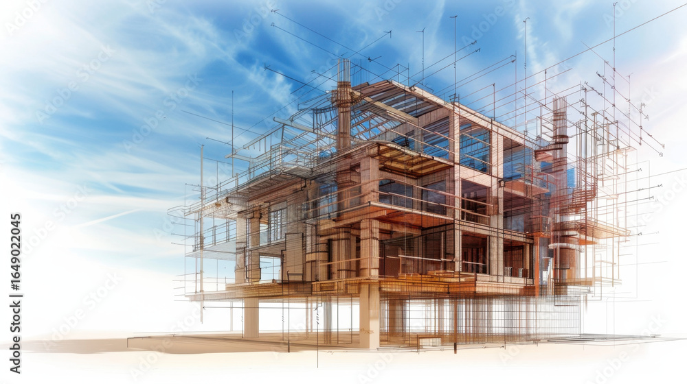 Poster modern architectural design showcases detailed building structure with intricate scaffolding and fra