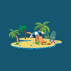 Vector illustration of a fresh flat design of a tropical island with palm trees and a lounge chair