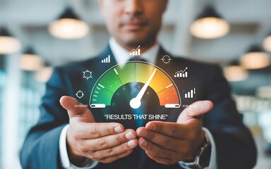 Businessman holding a credit score gauge with financial icons isolated on transparent background