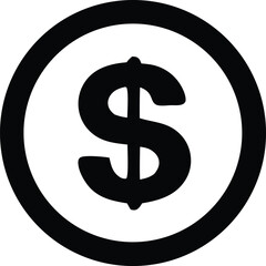 A bold black dollar sign encircled within a thick black ring symbolizing currency finance and economic value in a simple graphic