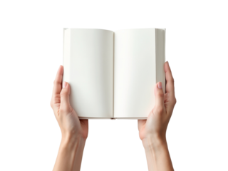 Hand holding an open blank book isolated on transparent background