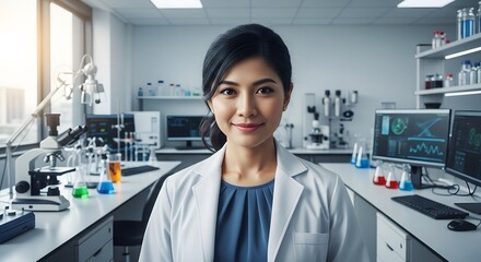 Portrait of a smiling Asian scientist in a modern laboratory, Woman researcher standing in her lab with scientific equipment in background