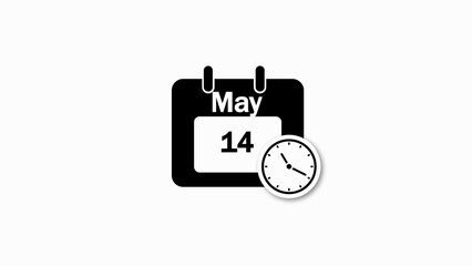 Black calendar icon with clock showing May 14th on white background