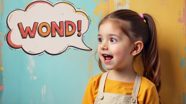 A young girl holds up a colorful sign with the word 'Wonder' written on it, representing curiosity and excitement