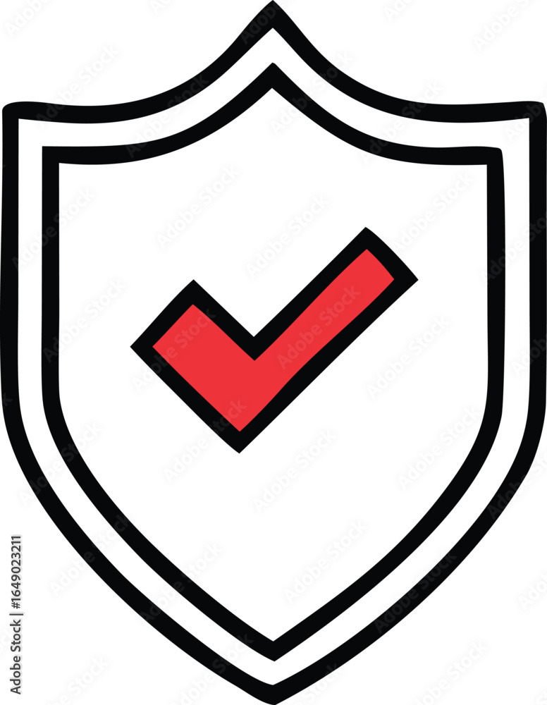 Poster simple shield icon with a bold red checkmark symbolizing security protection and verified status