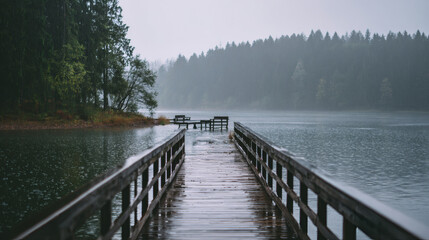 Wooden pier extending into a calm lake on a misty overcast day with evergreen trees on the distant shore