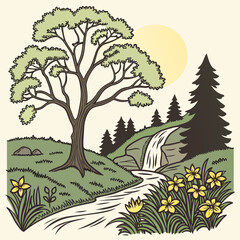 Obraz premium Nature River Landscape Vector Illustration.