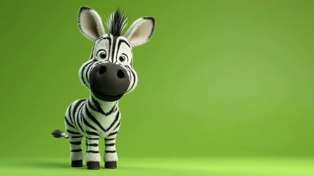 An adorable cartoon zebra with a distinctive black and white stripe pattern, set against a vibrant green backdrop, embodies a playful energy.