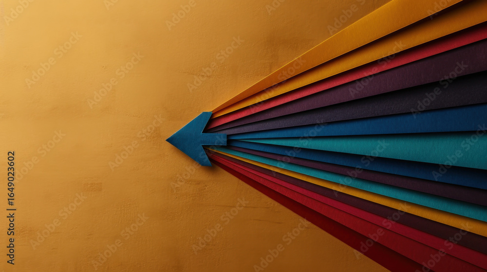 Poster colorful paper arrows point towards golden background, creating vibrant and dynamic visual effect. a