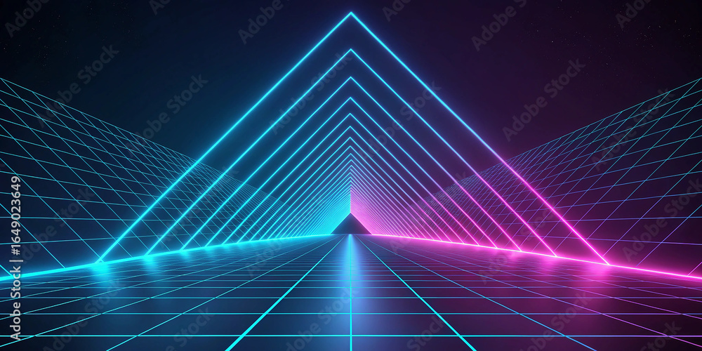 Poster vast neon triangle tunnel with glowing grid floor and dark background