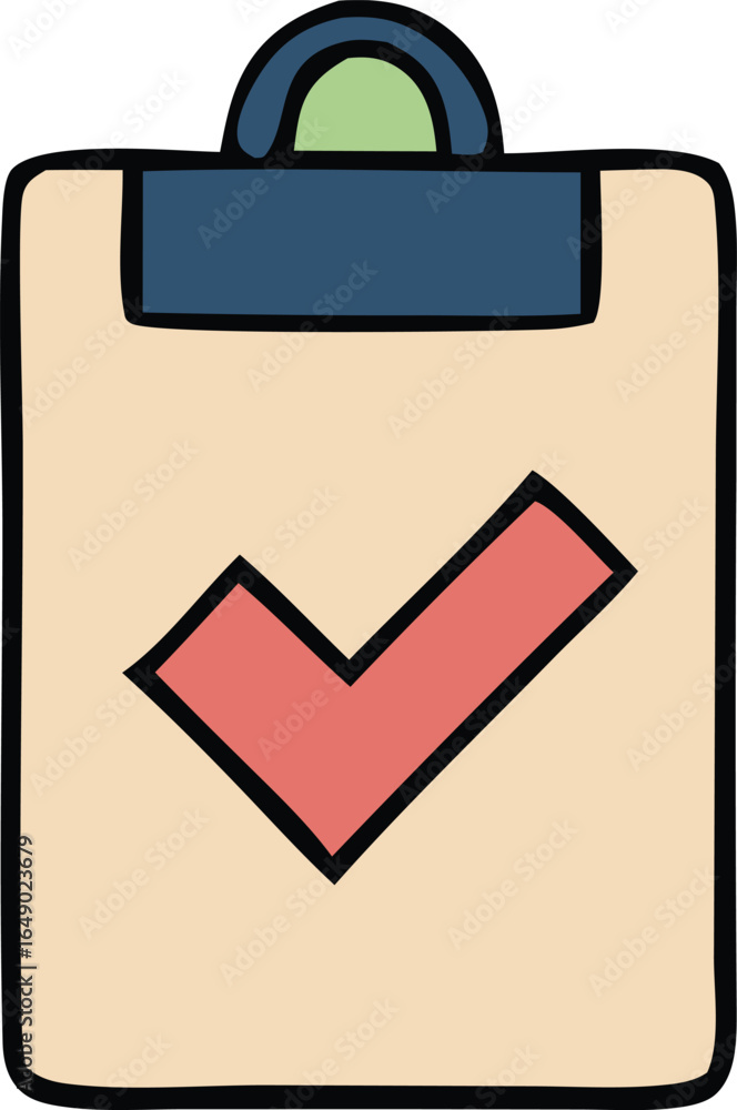 Poster hand drawn illustration of a clipboard with a large red checkmark signifying completion or a task ac