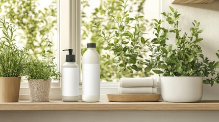A bright windowsill displays two blank-labeled bottles of bath products, flanked by potted herbs and a stack of white towels on a light wood shelf.  