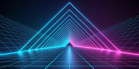 Vast neon triangle tunnel with glowing grid floor and dark background
