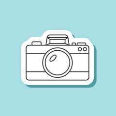 Fototapeta premium Camera sticker icon in flat style. Photography equipment vector illustration on isolated background. Photo sign business concept.