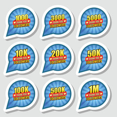 Obraz premium Thank you, followers sticker icon set in flat style. Subscription amount vector illustration on isolated background. Follower sign business concept.