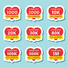 Thank you, followers sticker icon set in flat style. Subscription amount vector illustration on isolated background. Follower sign business concept.