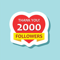 Thank you 2000 followers sticker icon in flat style. Subscription amount vector illustration on isolated background. 2k follower sign business concept.