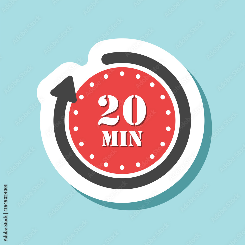Poster 20 minutes on stopwatch sticker icon in flat style. clock face timer vector illustration on isolated