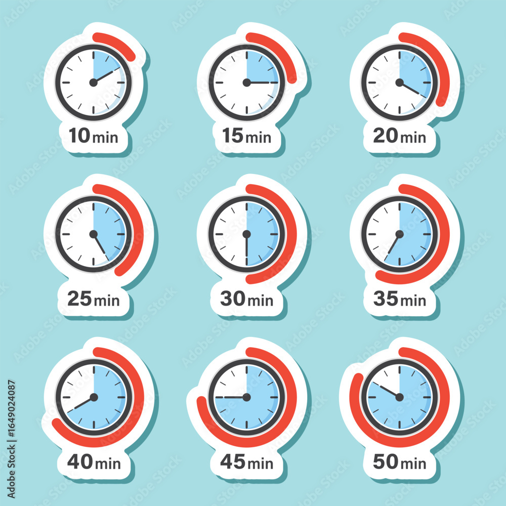 Poster from 10 minutes to 50 minutes on stopwatch sticker icon in flat style. clock face timer vector illus