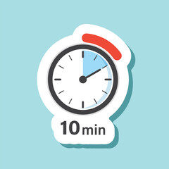 10 minutes on stopwatch sticker icon in flat style. Clock face timer vector illustration on isolated background. Countdown sign business concept.