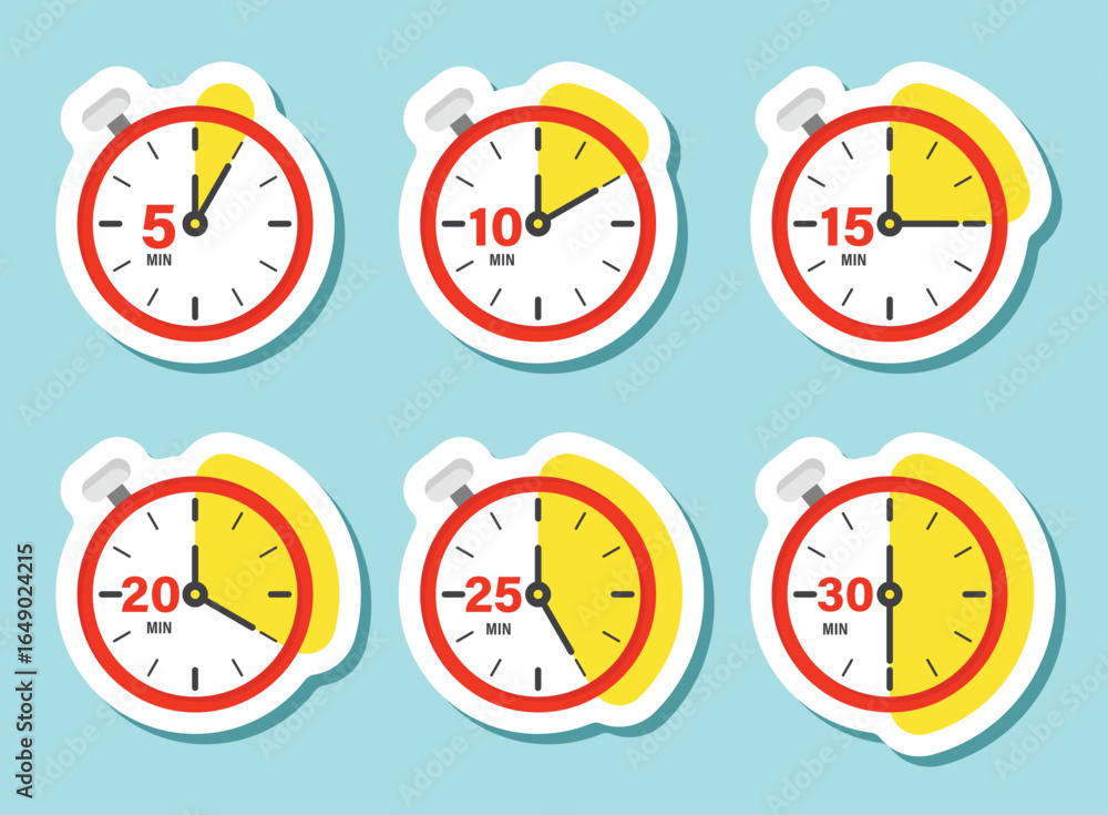 Poster from 5 minutes to 30 minutes on stopwatch sticker icon in flat style. clock face timer vector illust