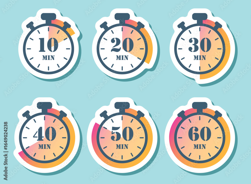 Aufkleber from 10 minutes to 60 minutes on stopwatch sticker icon in flat style. clock face timer vector illus