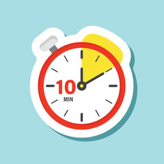 10 minutes on stopwatch sticker icon in flat style. Clock face timer vector illustration on isolated background. Countdown sign business concept.
