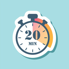20 minutes on stopwatch sticker icon in flat style. Clock face timer vector illustration on isolated background. Countdown sign business concept.