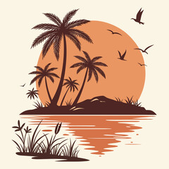 Retro Tropical Island Sunset Illustration

