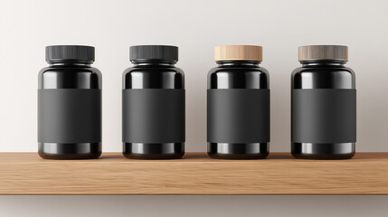 Various black supplement bottles displayed on a wooden shelf in a modern, minimalistic indoor setting Generative AI