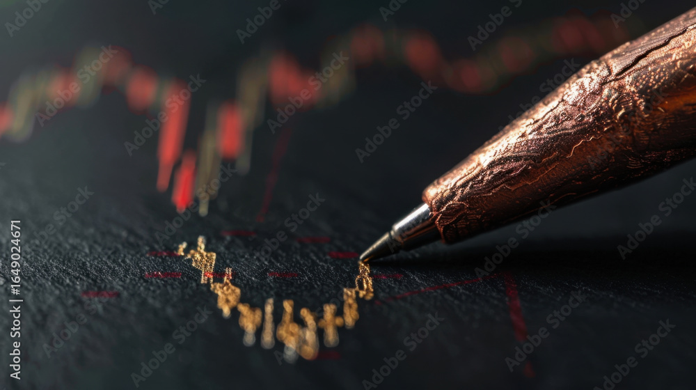 Poster close up view of metallic pen creating line on dark surface, with abstract financial graphs in backg