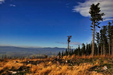 rkonosze - Śnieżka - Malowniczy widok na górski krajobraz jesienią, z kolorowym lasem, odległymi wzgórzami i czystym, błękitnym niebem.  © Pol Badger