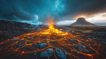 Icelandic Volcanic Eruption: A Fiery Spectacle Under a Dramatic Sky