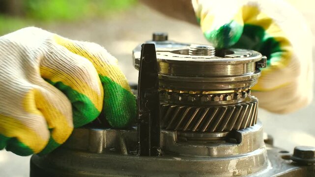 Professional mechanic wearing protective gloves carefully assembling intricate manual transmission components, highlighting precision and technical expertise within automotive repair process