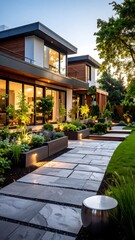 Modern home backyard evening scene