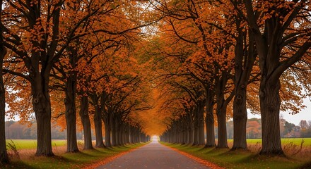 Autumnal Road: A tunnel of orange leaves creates a picturesque scene along a tree-lined path.