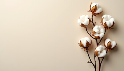Cotton blossoms on branches against a neutral beige background, great for copy space.