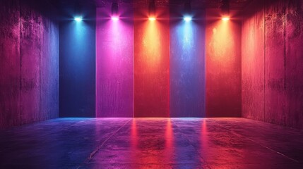 Neon Lights illuminating a grunge concrete room. Vibrant colors reflecting on the wet floor creating an electrifying atmosphere.