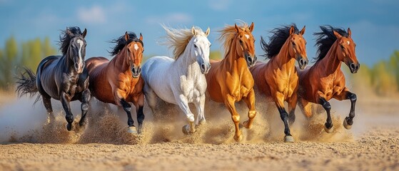 Magnificent Herd: Five Stunning Horses Galloping Across Sandy Plains Under a Clear Sky