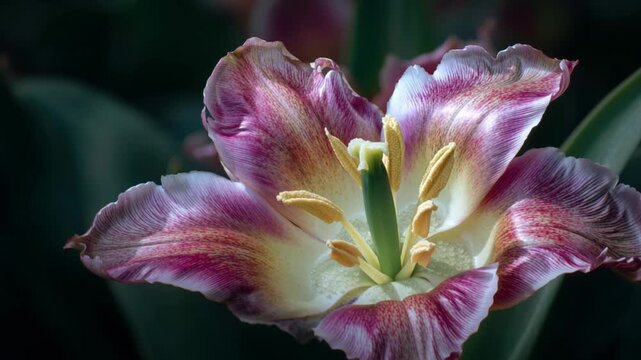 A stunning close-up of a vibrant tulip showcasing nature's elegance and intricate details in a peaceful garden.