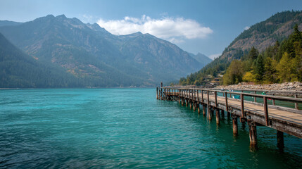 Wooden pier extending into a vibrant turquoise lake with majestic snow capped mountains under a clear blue sky