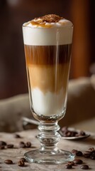 A visually appealing layered coffee drink served in a tall glass, topped with cream and caramel, surrounded by coffee beans.