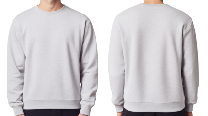 Front and back view of a man wearing a light grey crewneck sweatshirt, showcasing its classic design and comfortable fit