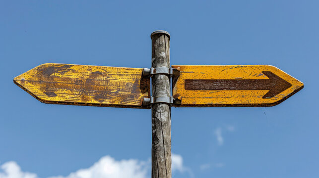 Weathered wooden signpost with two arrows, one pointing left and other pointing right, against clear blue sky. sign yellow color is faded and scratched, adding rustic charm to scene