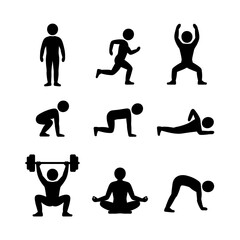 Collection of nine fitness and exercise silhouette icons isolated on white background
