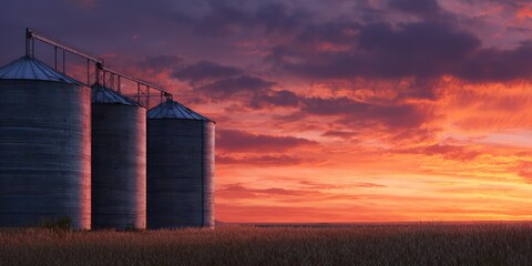 Obraz premium Silos at sunset over a golden field