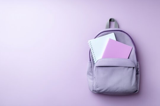 Stylish purple backpack with notebooks and stationery on a pastel background, ideal for school or study environments, featuring modern design elements